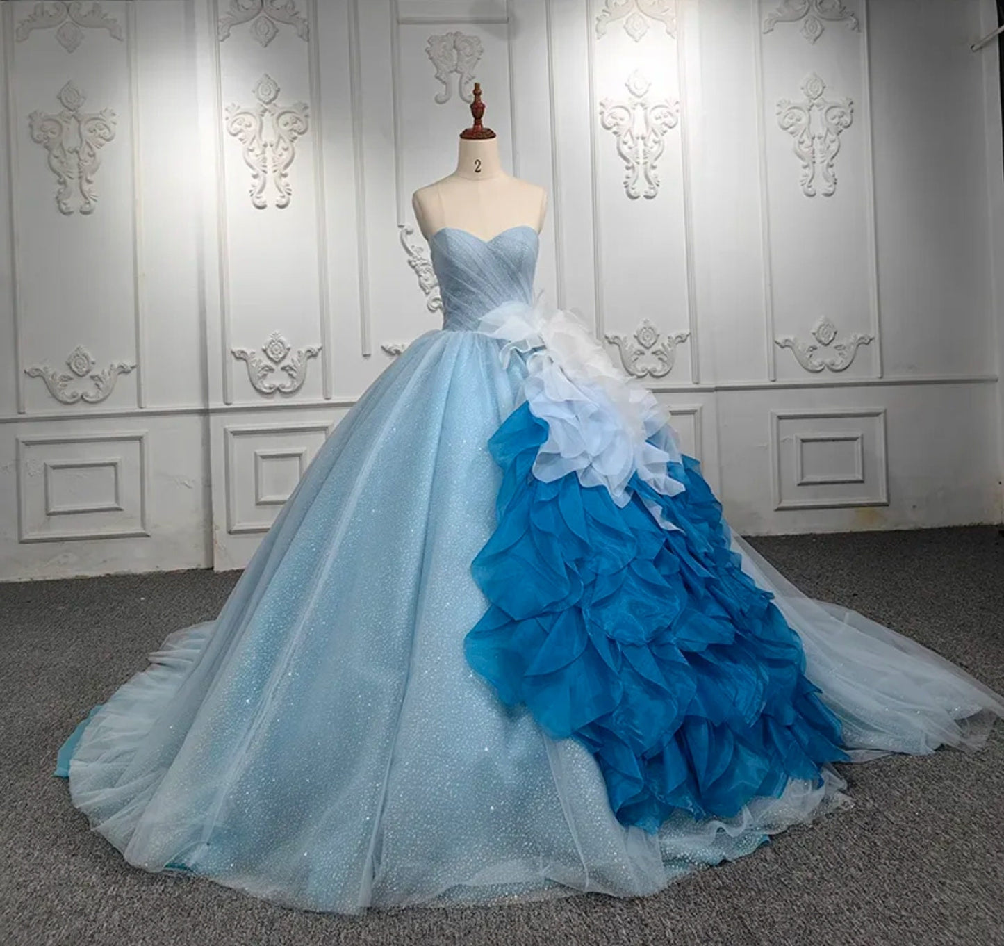 Strapless Blue & White Sweetheart Quinceañera Ruffled Flowing Front Waist Layered Gown