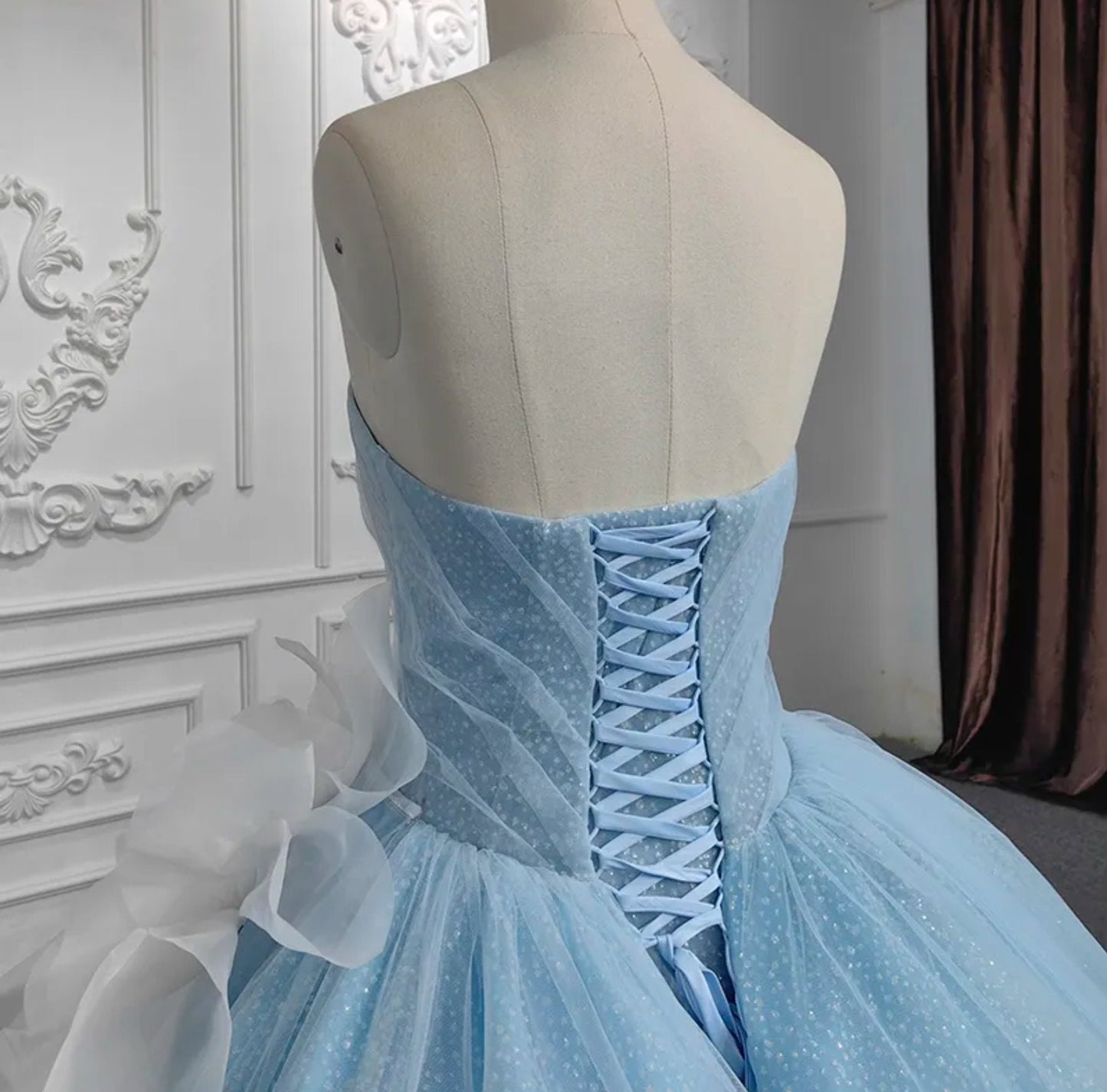 Strapless Blue & White Sweetheart Quinceañera Ruffled Flowing Front Waist Layered Gown