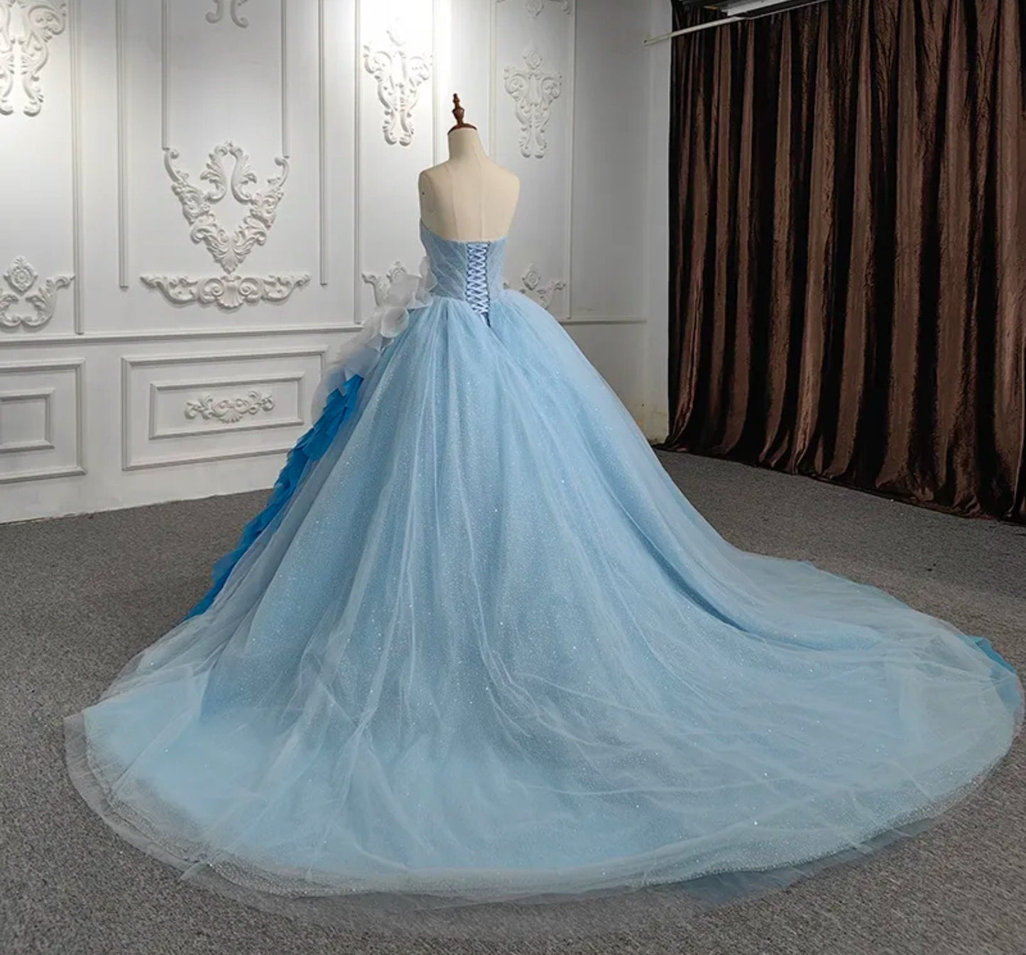 Strapless Blue & White Sweetheart Quinceañera Ruffled Flowing Front Waist Layered Gown