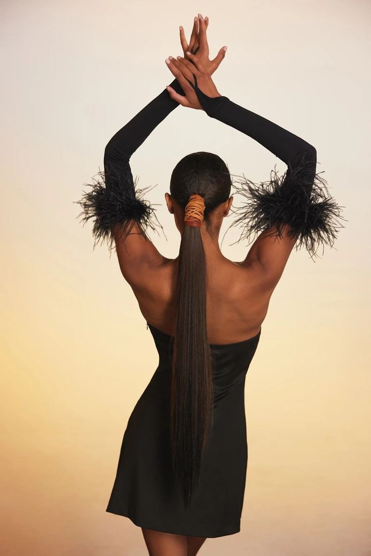 Detached 3/4 Slim Feather Trimmed Bicep Finger Loop Sleeves