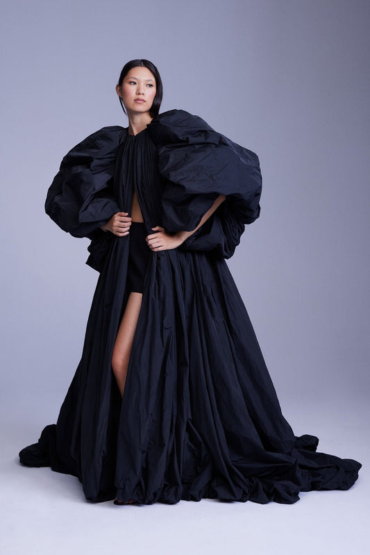 Taffeta Full Puff Sleeve Pleated Ruched Bolero Cape