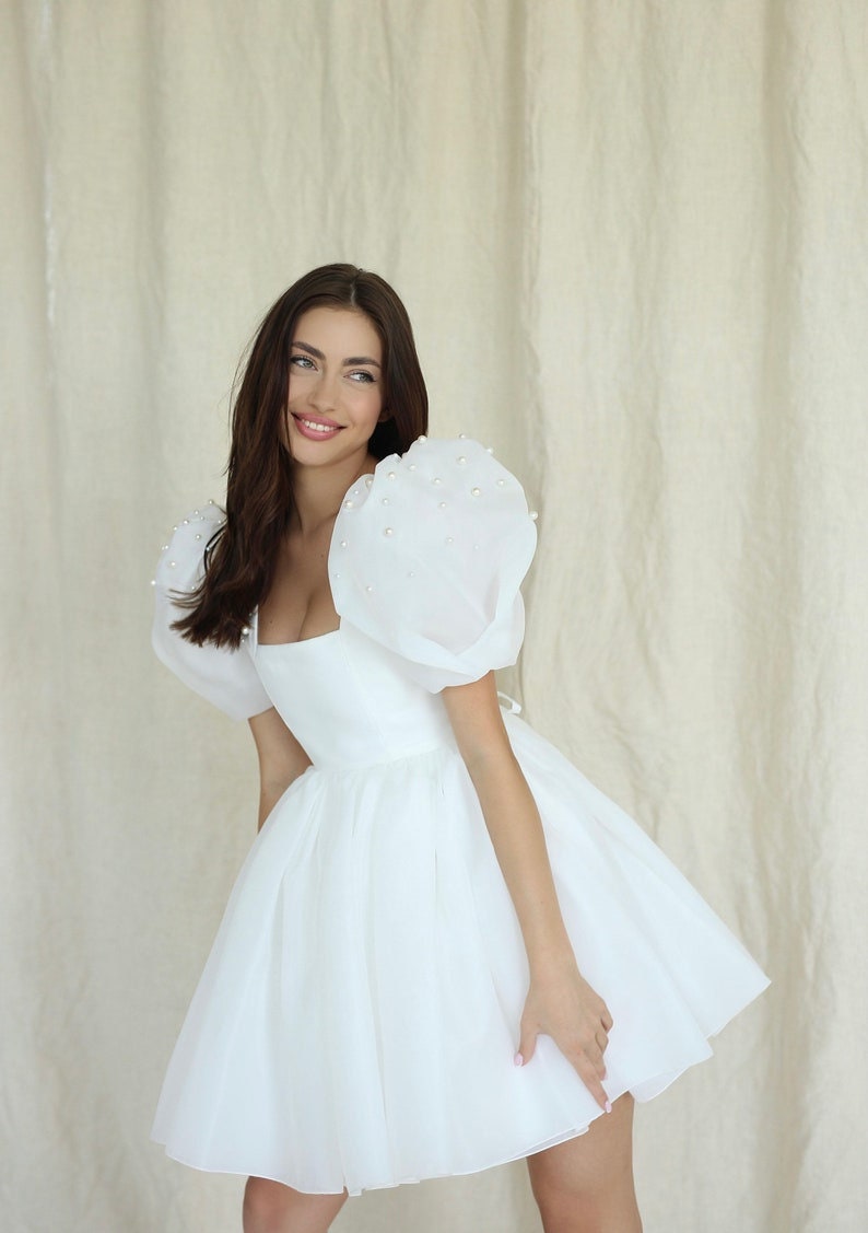 Square Neck Pearl Beaded Short Sleeve Above The Knee Dress
