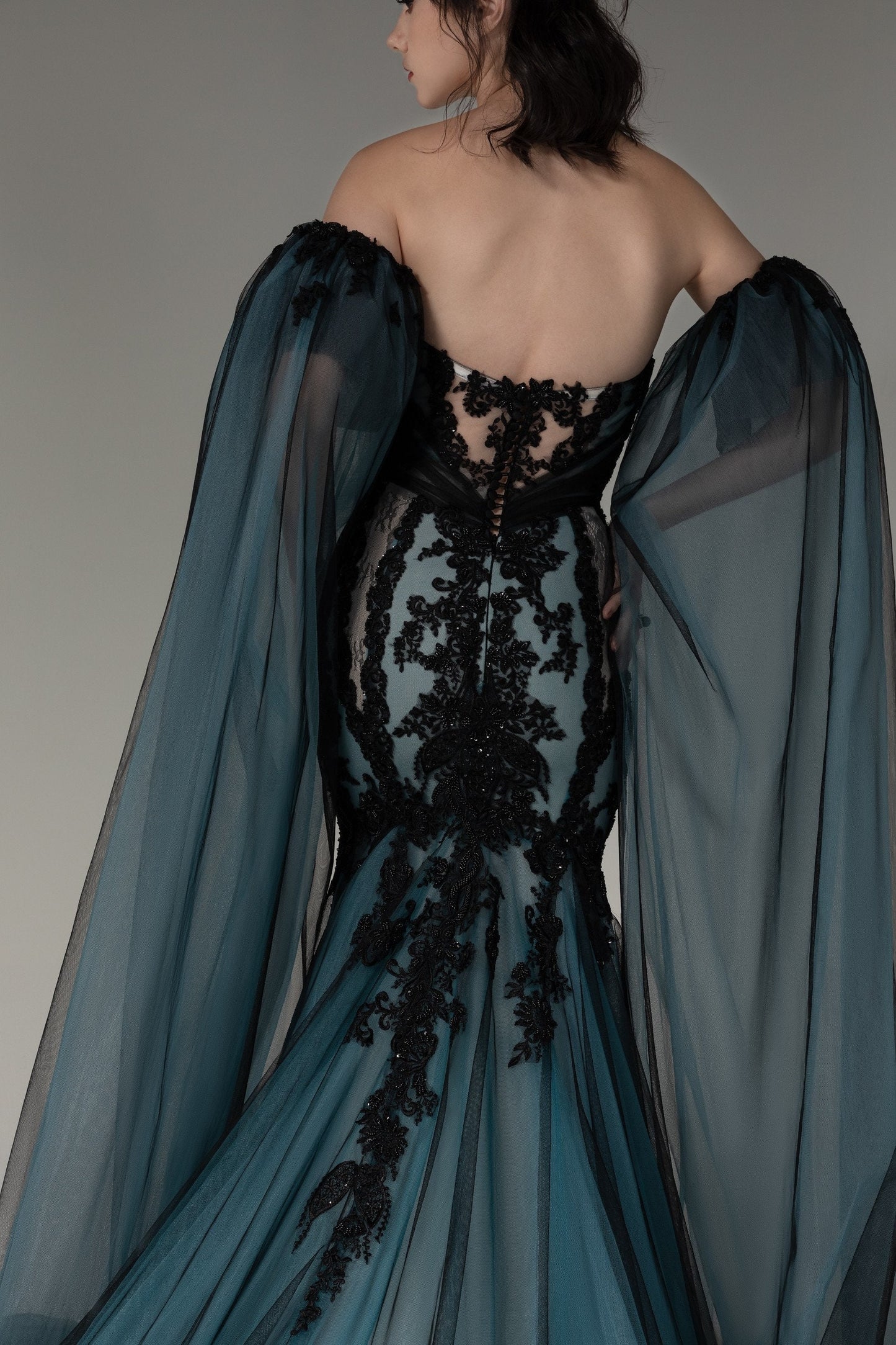 Detached Dramatic Sequin Appliqué Bicep Floor Length Sleeves