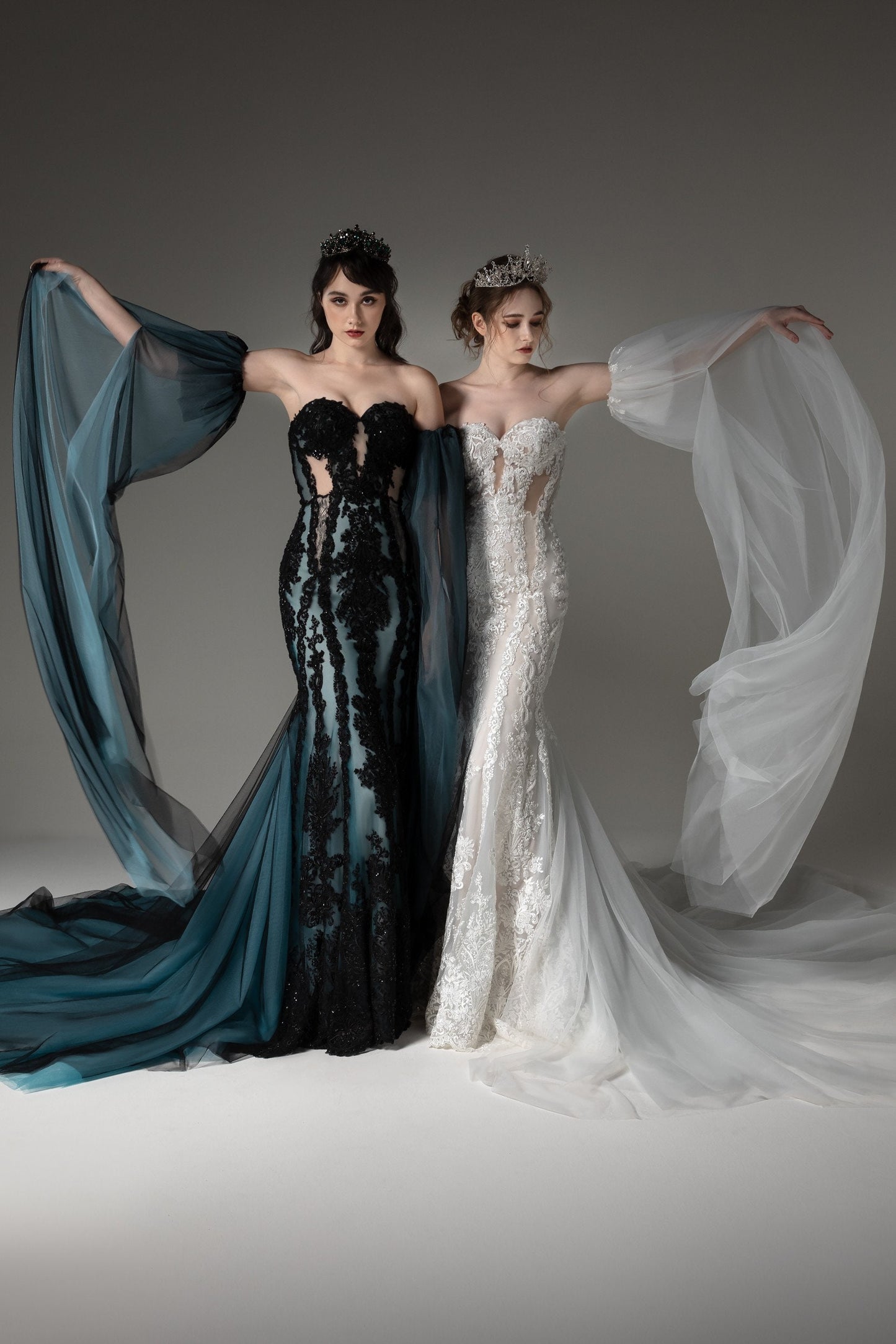 Detached Dramatic Sequin Appliqué Bicep Floor Length Sleeves