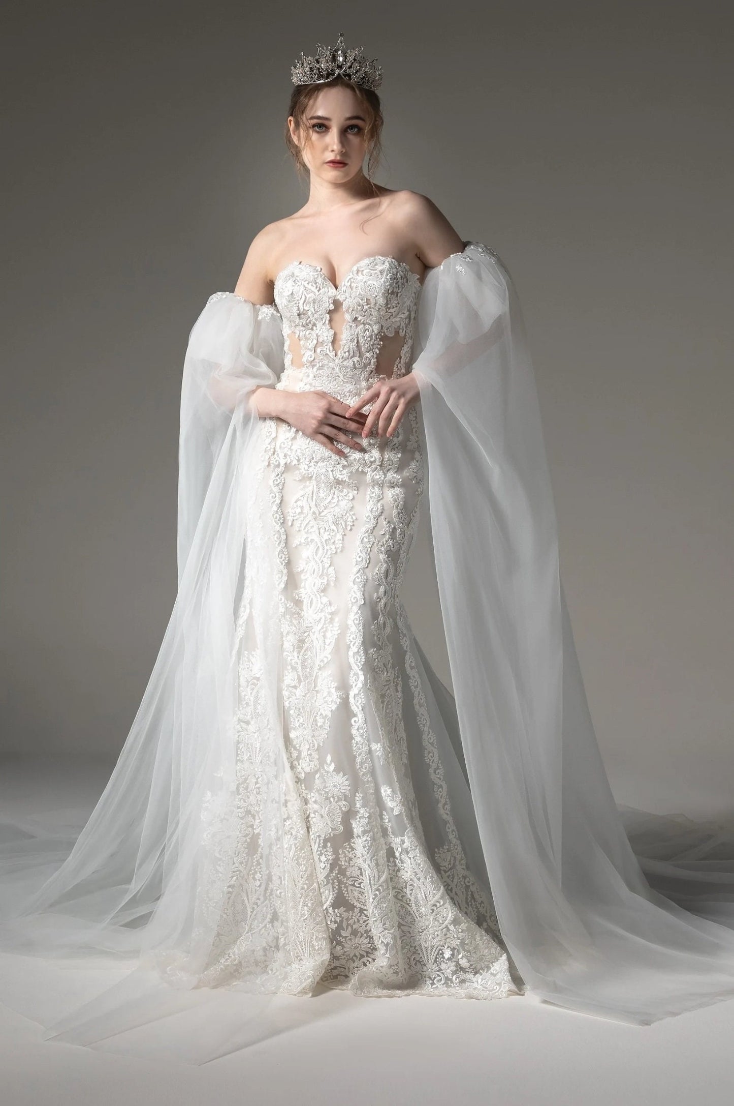Detached Dramatic Sequin Appliqué Bicep Floor Length Sleeves