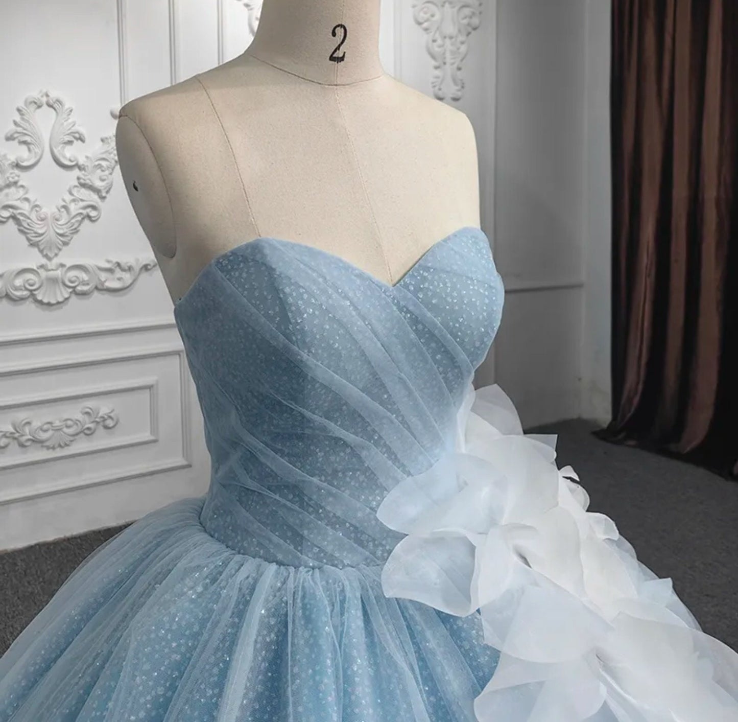 Strapless Blue & White Sweetheart Quinceañera Ruffled Flowing Front Waist Layered Gown