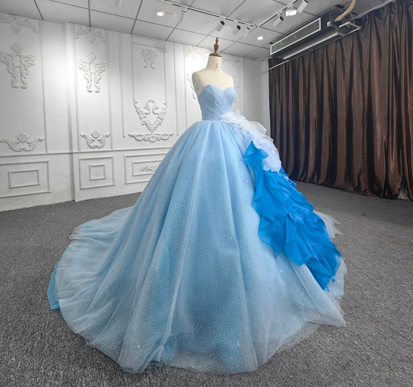 Strapless Blue & White Sweetheart Quinceañera Ruffled Flowing Front Waist Layered Gown