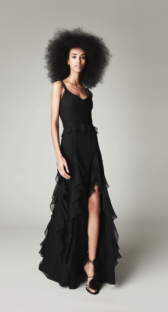 Ruched Bodice Flowing Ruffled High Low Dress