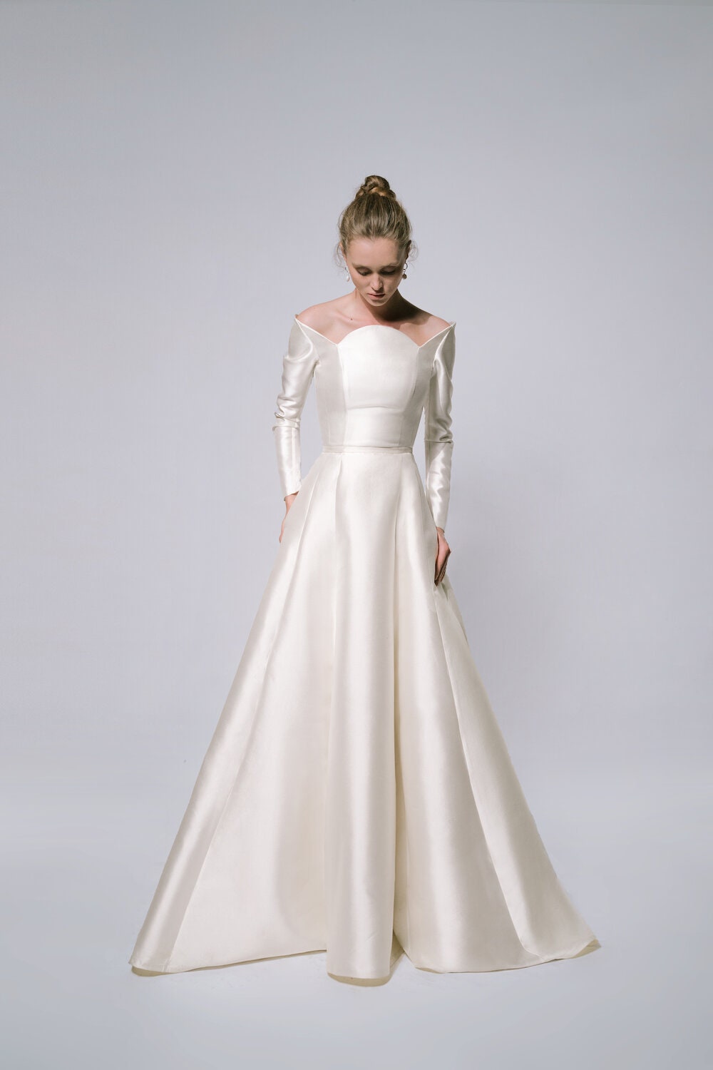 Off The Shoulder Unique Bold Neckline Floor Length Gown With Straight Sleeves