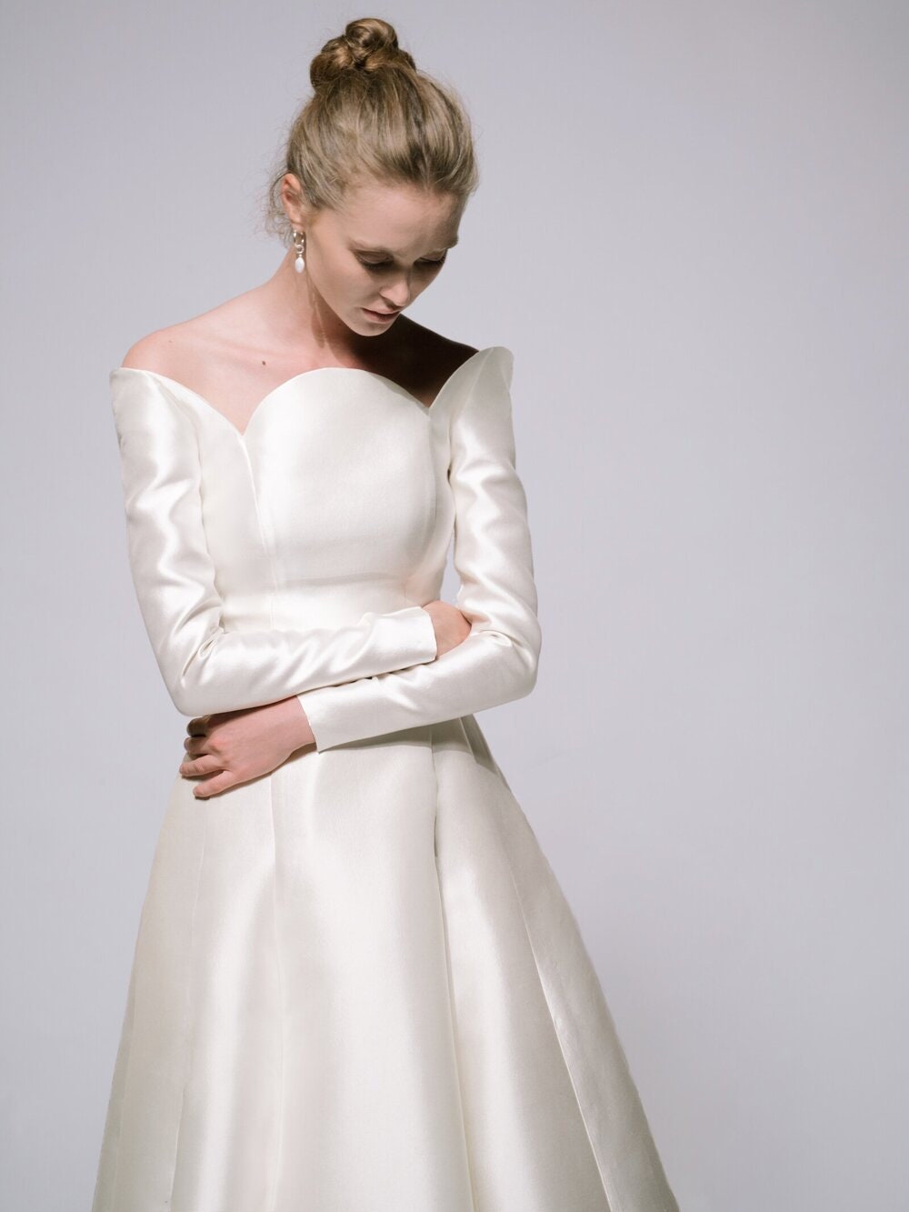 Off The Shoulder Unique Bold Neckline Floor Length Gown With Straight Sleeves