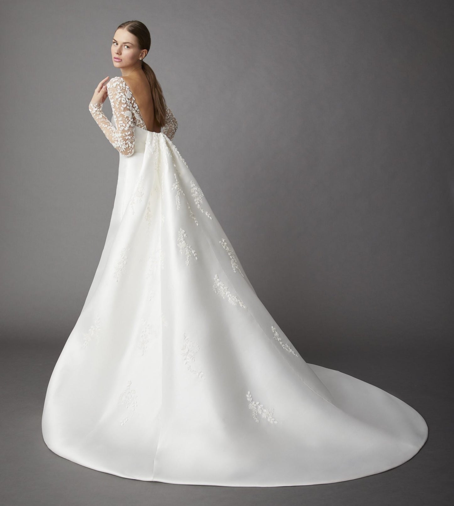 Floral Lace Long Sleeve Square Neck Gown With Scattered Appliqués Detachable Train