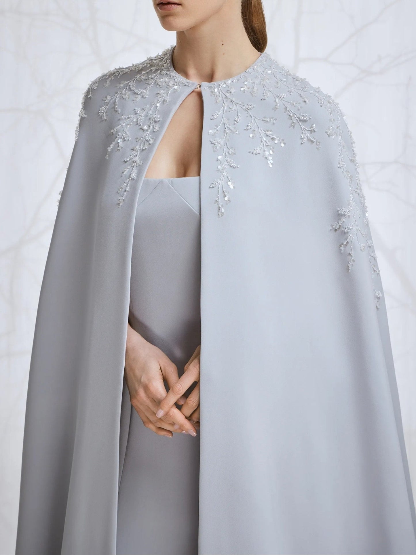 Soft Satin Strapless Floor Length Sheath Gown With Optional Matching Crystal Beaded Cape