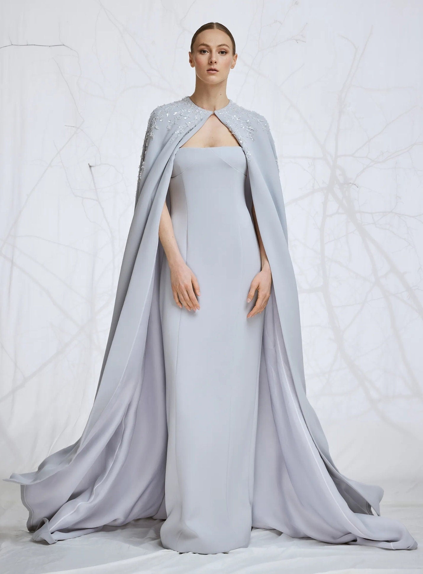 Soft Satin Strapless Floor Length Sheath Gown With Optional Matching Crystal Beaded Cape