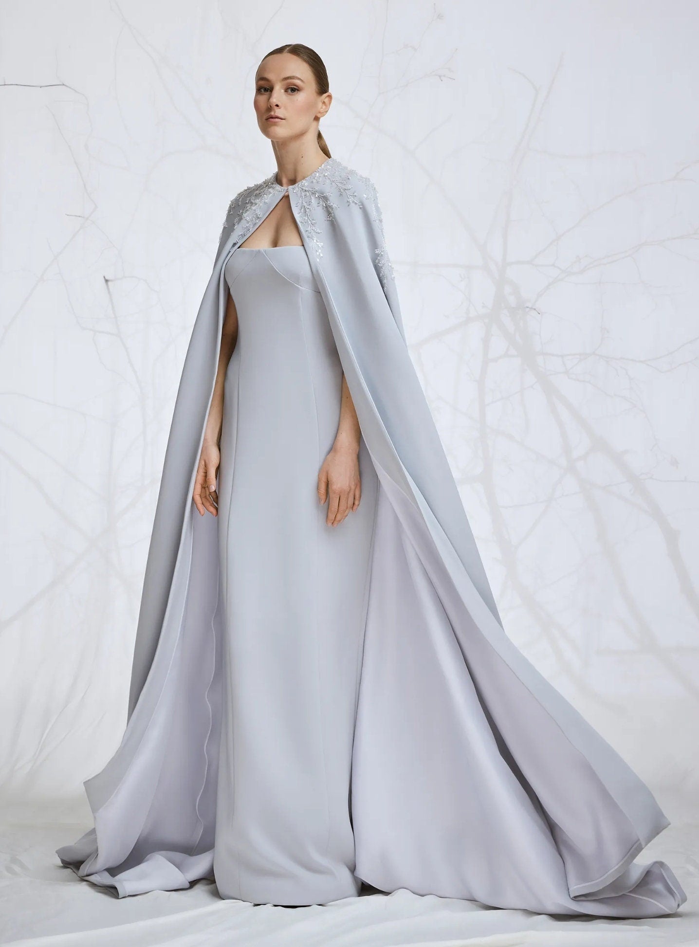 Soft Satin Strapless Floor Length Sheath Gown With Optional Matching Crystal Beaded Cape