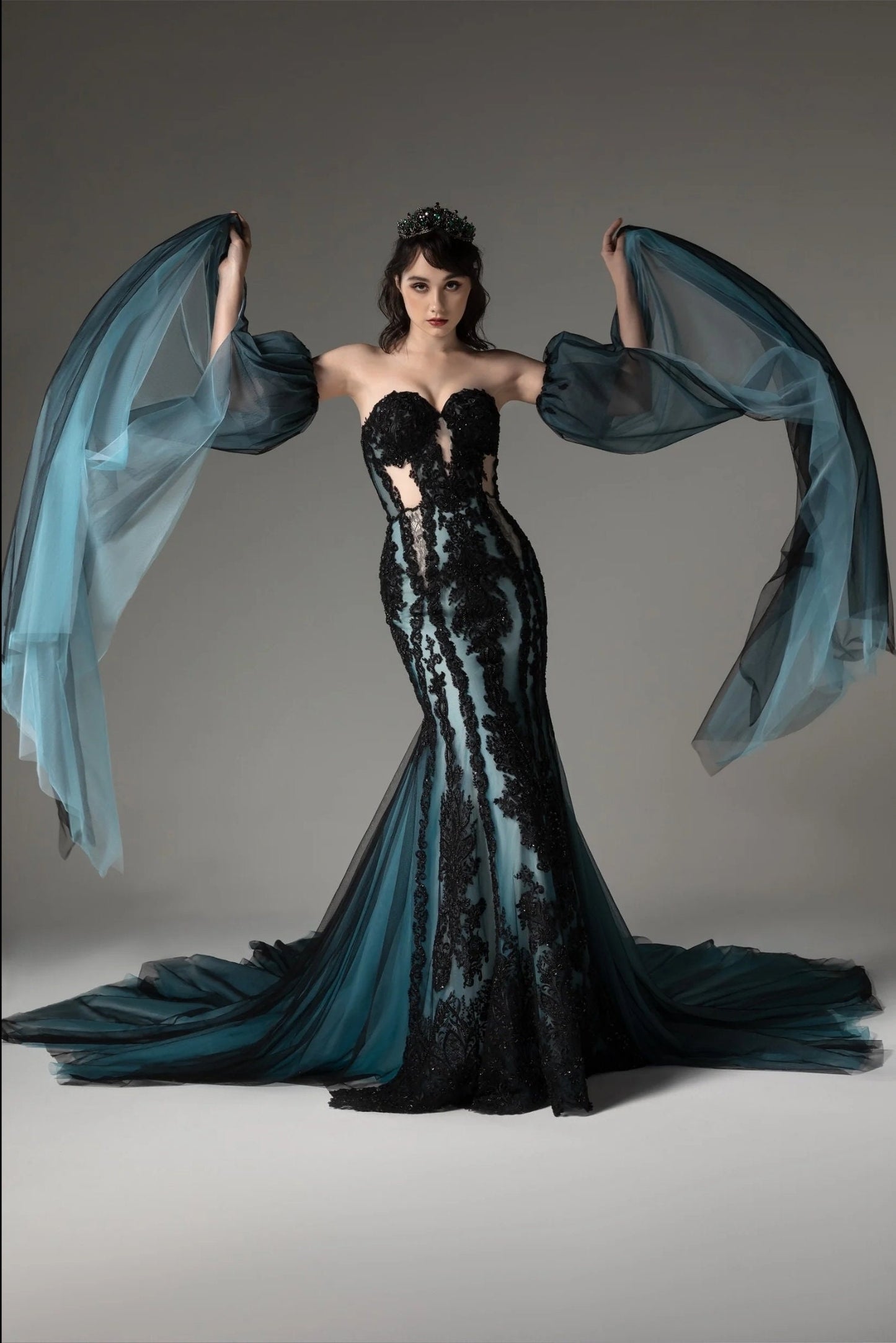 Detached Dramatic Sequin Appliqué Bicep Floor Length Sleeves