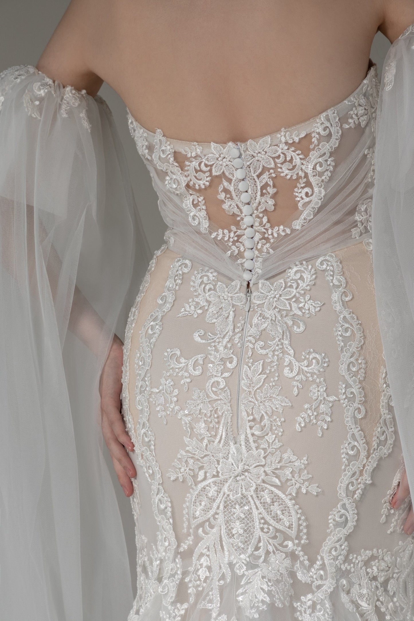 Detached Dramatic Sequin Appliqué Bicep Floor Length Sleeves