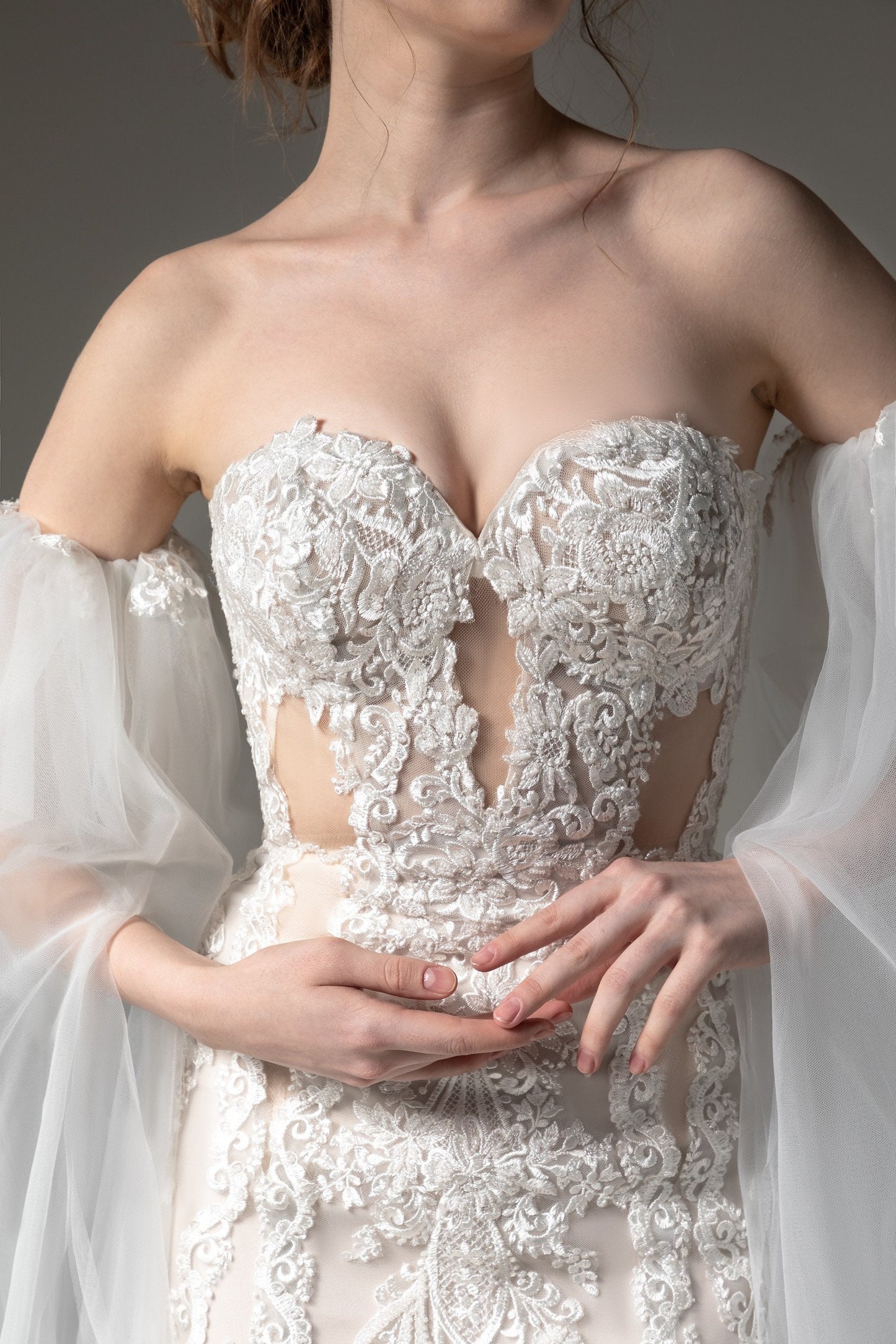 Detached Dramatic Sequin Appliqué Bicep Floor Length Sleeves