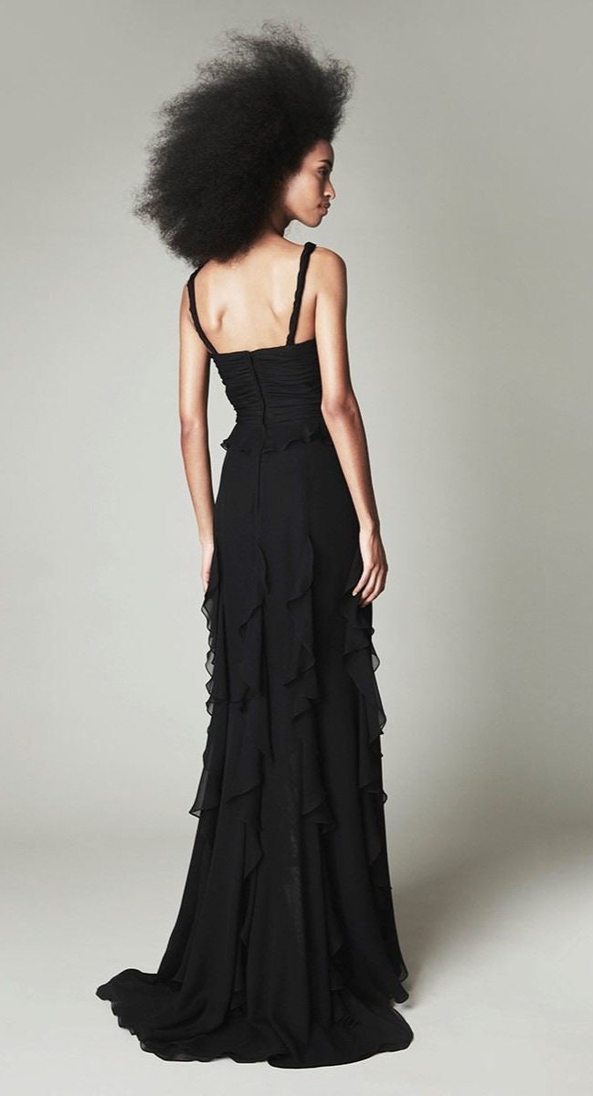 Ruched Bodice Flowing Ruffled High Low Dress