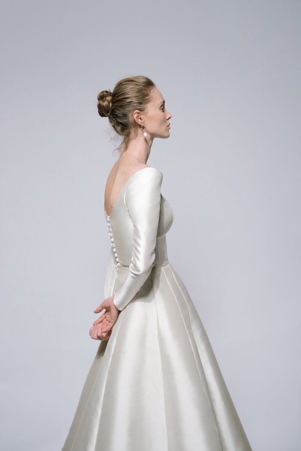 Off The Shoulder Unique Bold Neckline Floor Length Gown With Straight Sleeves