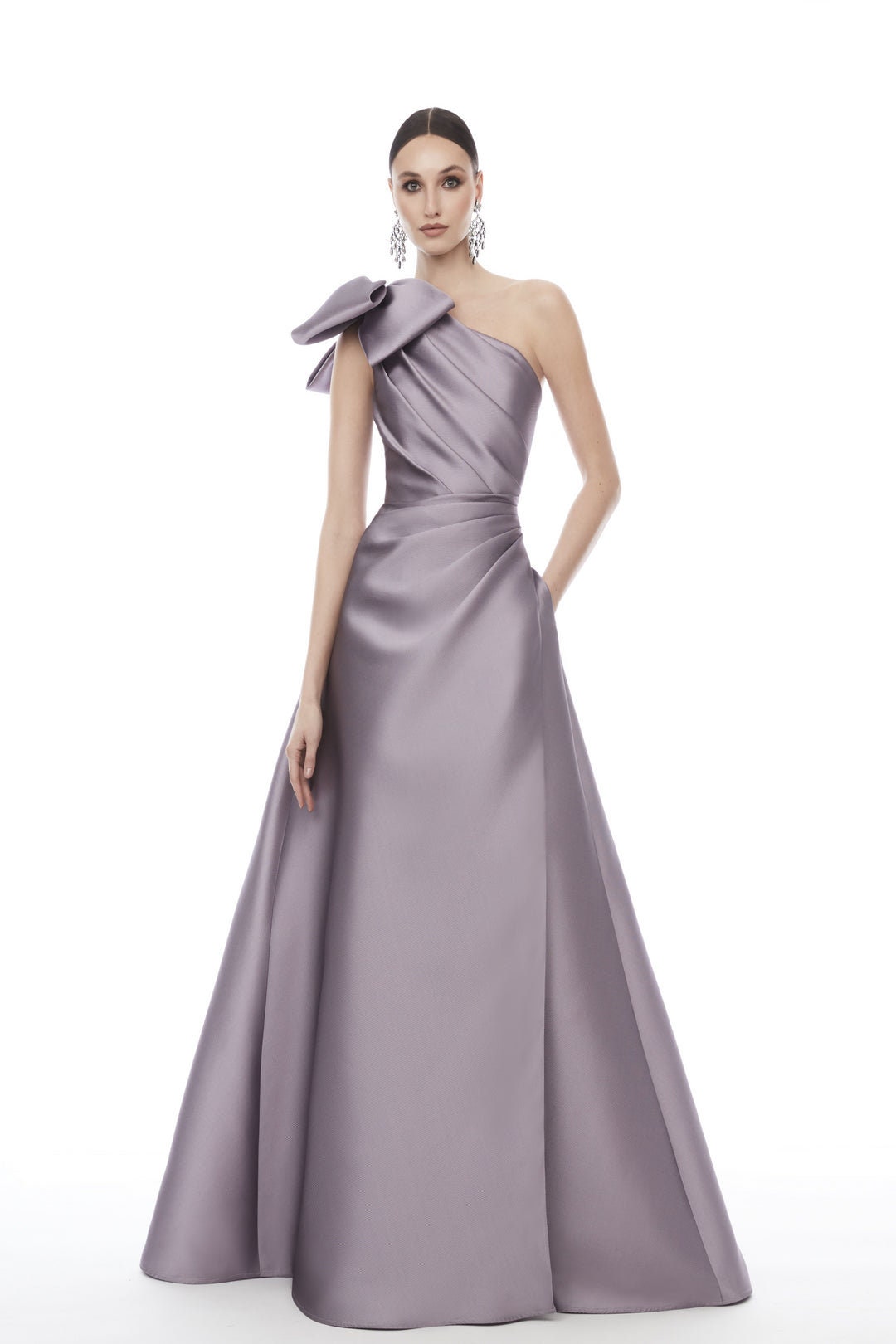 Ruched Full Length A-Line Silhouette One Shoulder Bow Knot Sleeveless Gown
