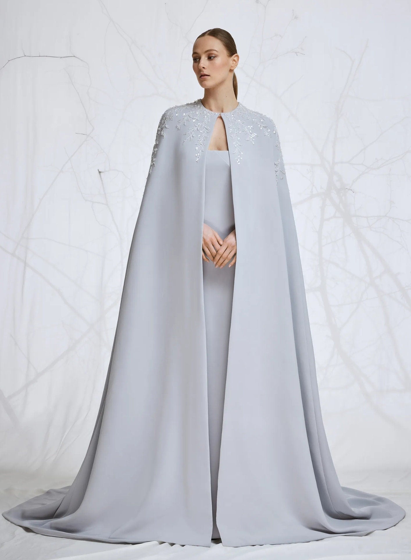 Soft Satin Strapless Floor Length Sheath Gown With Optional Matching Crystal Beaded Cape