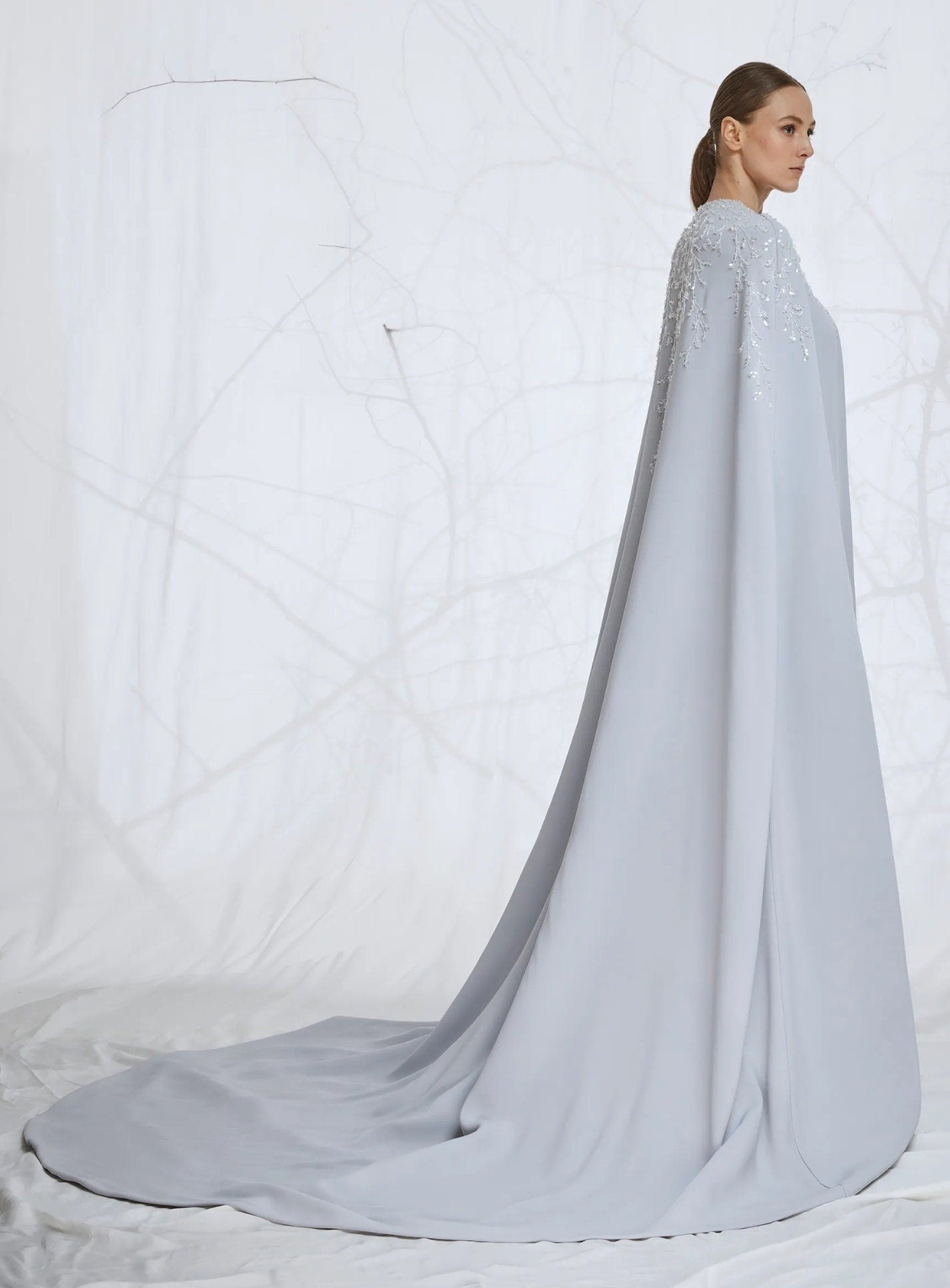 Soft Satin Strapless Floor Length Sheath Gown With Optional Matching Crystal Beaded Cape