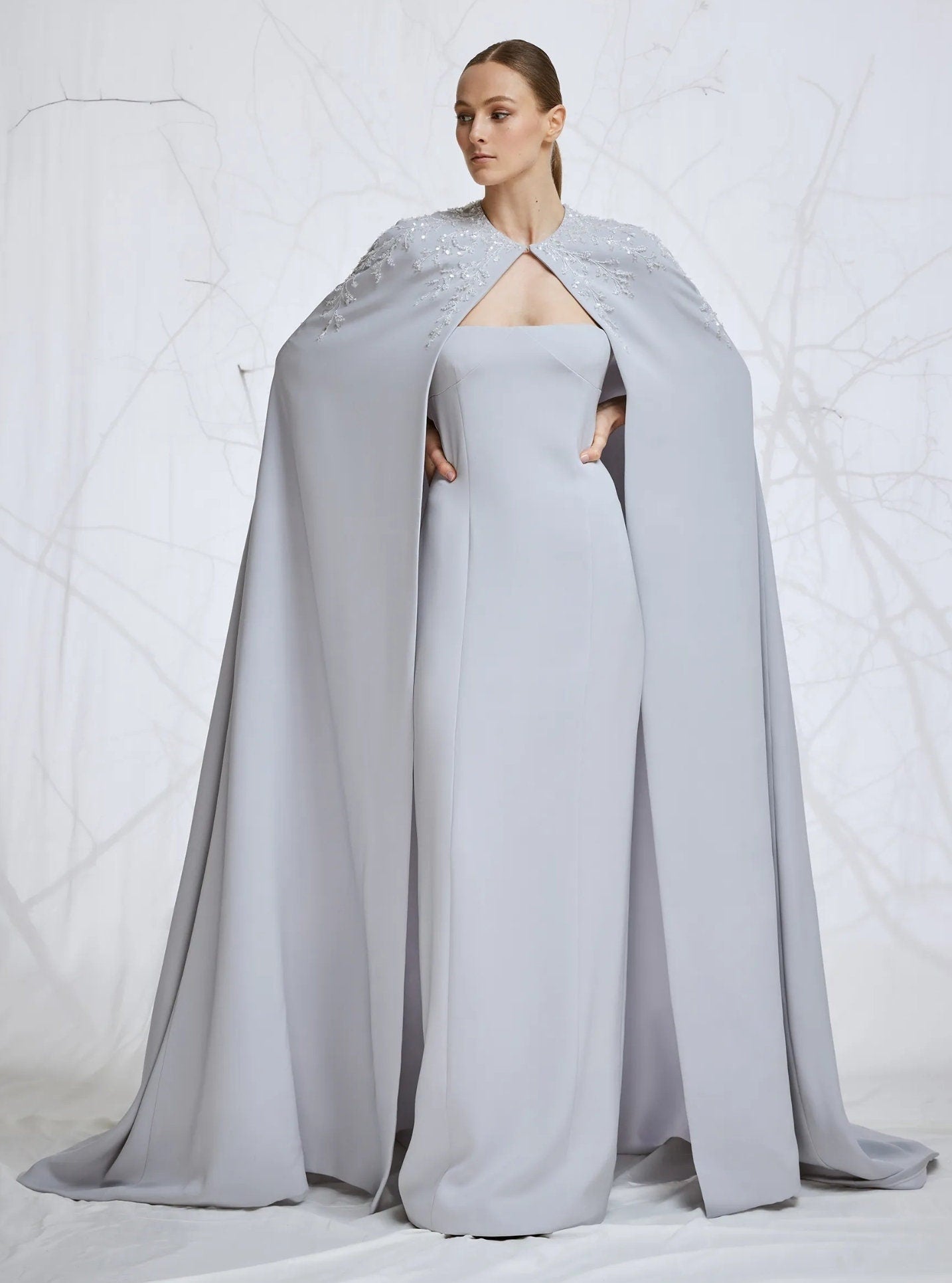 Soft Satin Strapless Floor Length Sheath Gown With Optional Matching Crystal Beaded Cape