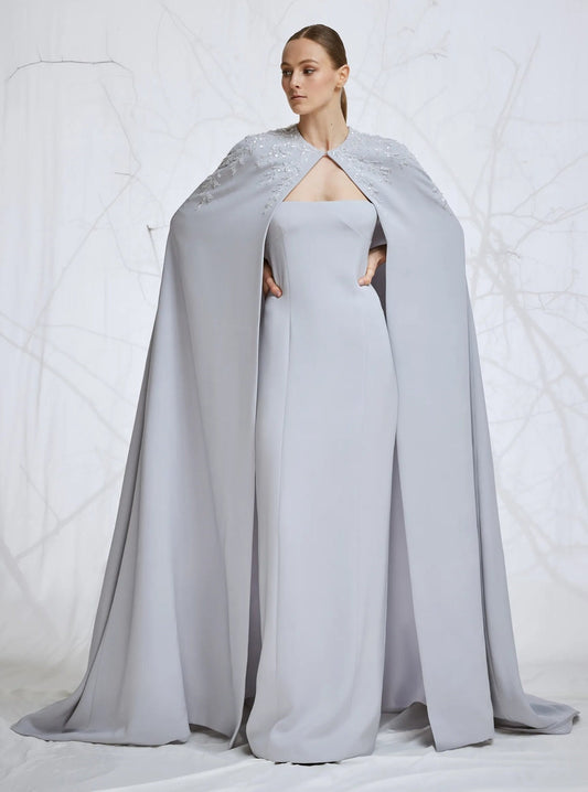 Soft Satin Strapless Floor Length Sheath Gown With Optional Matching Crystal Beaded Cape