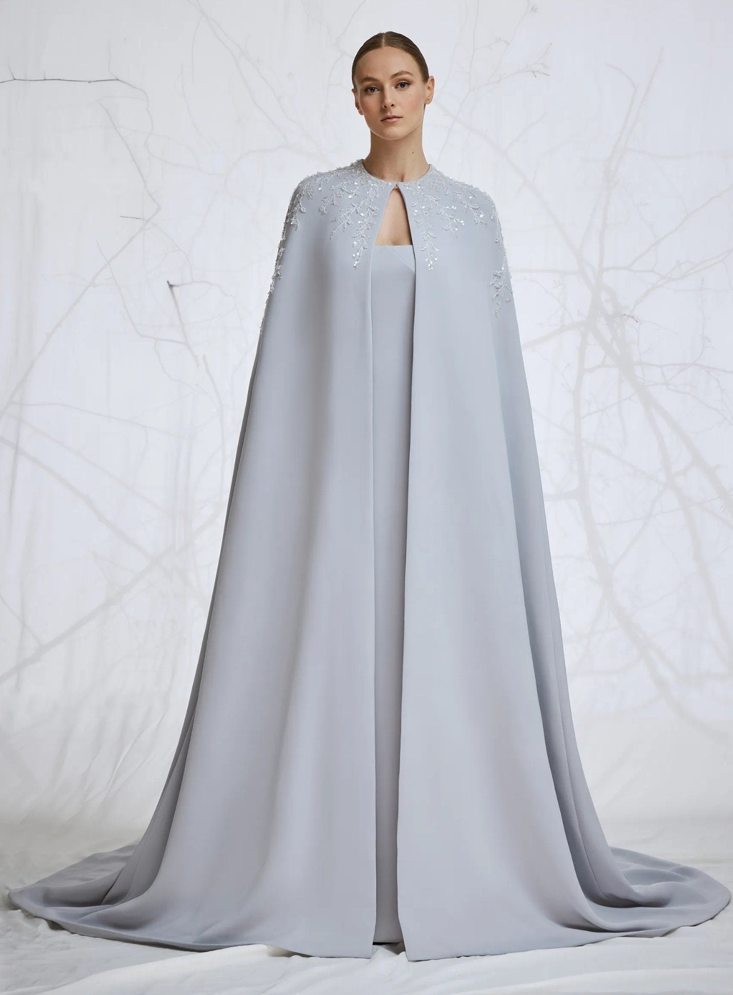 Soft Satin Strapless Floor Length Sheath Gown With Optional Matching Crystal Beaded Cape