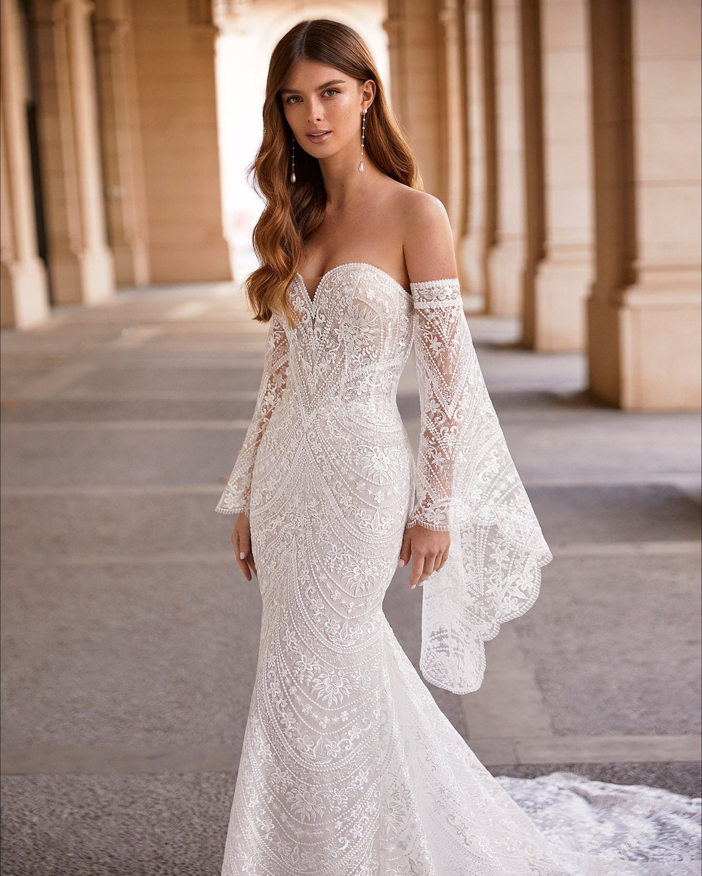 Delicate Boho Floral Lace Strapless Sweetheart Trumpet Bridal Gown With Eyelash Trim And Detached Matching Sleeves