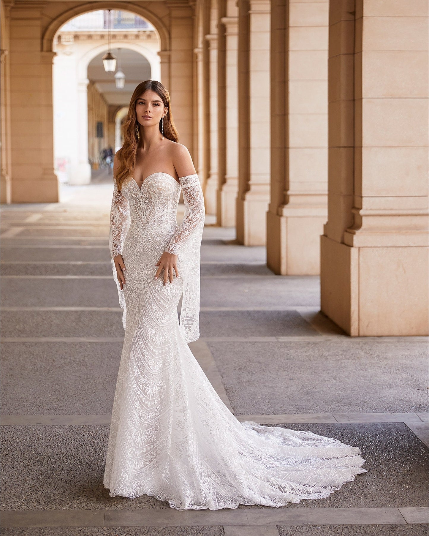 Delicate Boho Floral Lace Strapless Sweetheart Trumpet Bridal Gown With Eyelash Trim And Detached Matching Sleeves