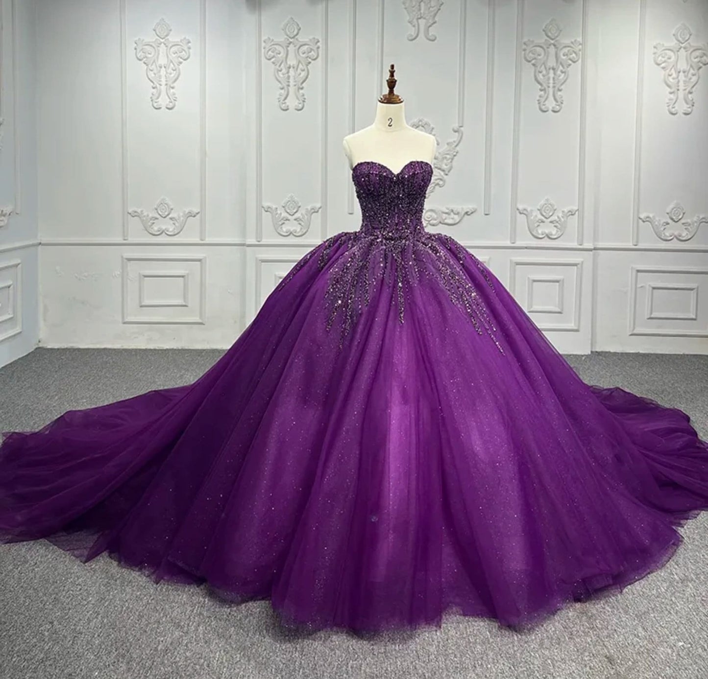 Shimmering Grape Purple Strapless Sweetheart Sequin Beaded Quinceañera Special Occasion Pageant Party Gala Pageant Gala Gown