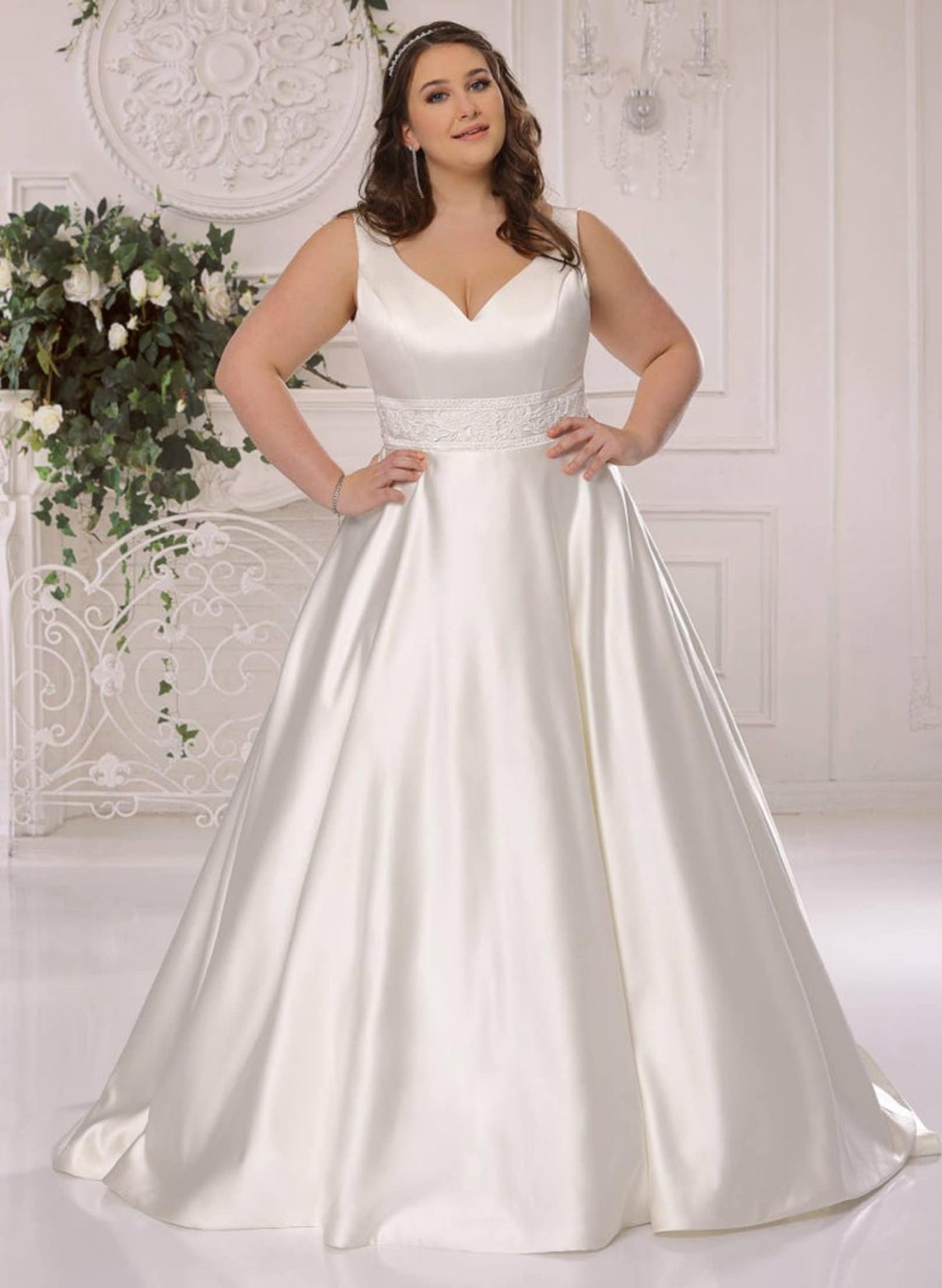 Classic Sleeveless V- Neck A-Line Minimalist Gown With Floral Lace Waistline