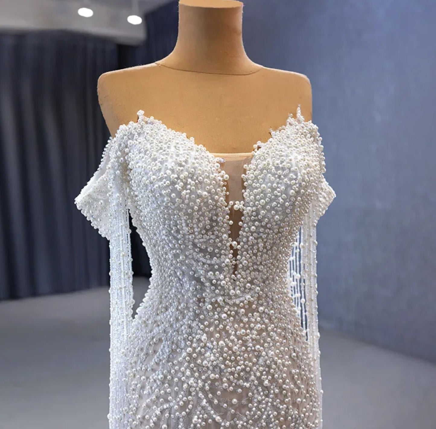 Draping Pearl Beaded Off The Shoulder Organza Deep V Illusion Sweetheart Mermaid Gown