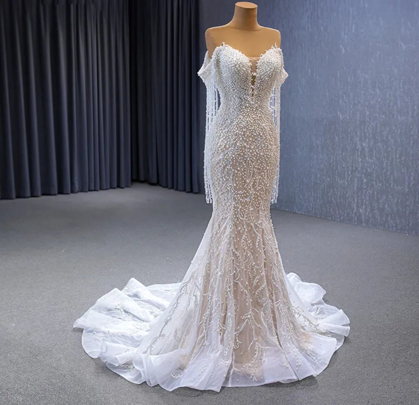 Draping Pearl Beaded Off The Shoulder Organza Deep V Illusion Sweetheart Mermaid Gown