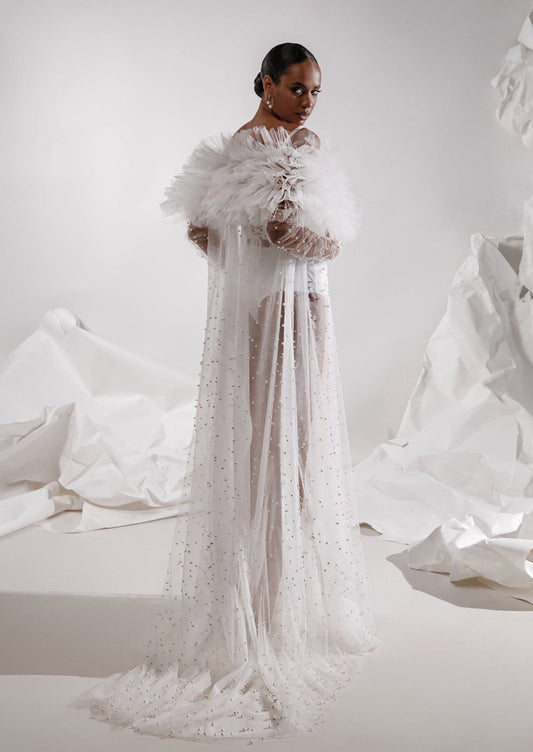 Sheer Pearl Beaded Frill Sexy Boudoir Bridal Robe