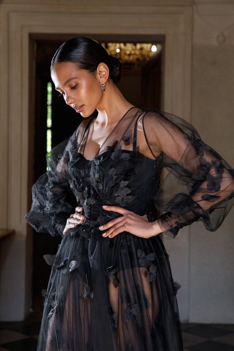 Sheer Sexy Long Sleeve Pearl Beaded Butterfly Boudoir Bridal Photoshoot Robe