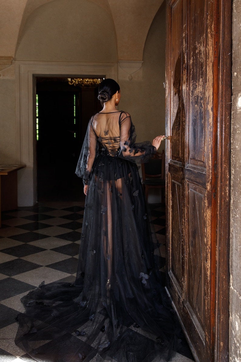 Sheer Sexy Long Sleeve Pearl Beaded Butterfly Boudoir Bridal Photoshoot Robe