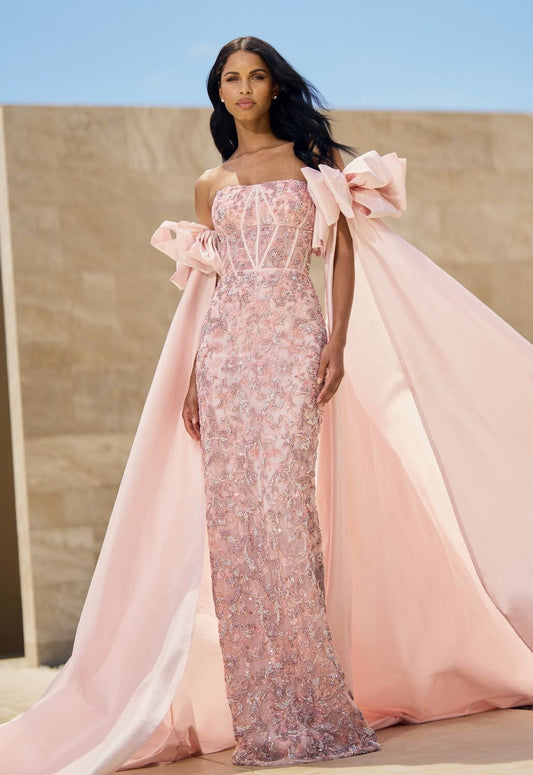 Detached Ruffled Bicep Bow Knot Split Floor Length Column Sleeves