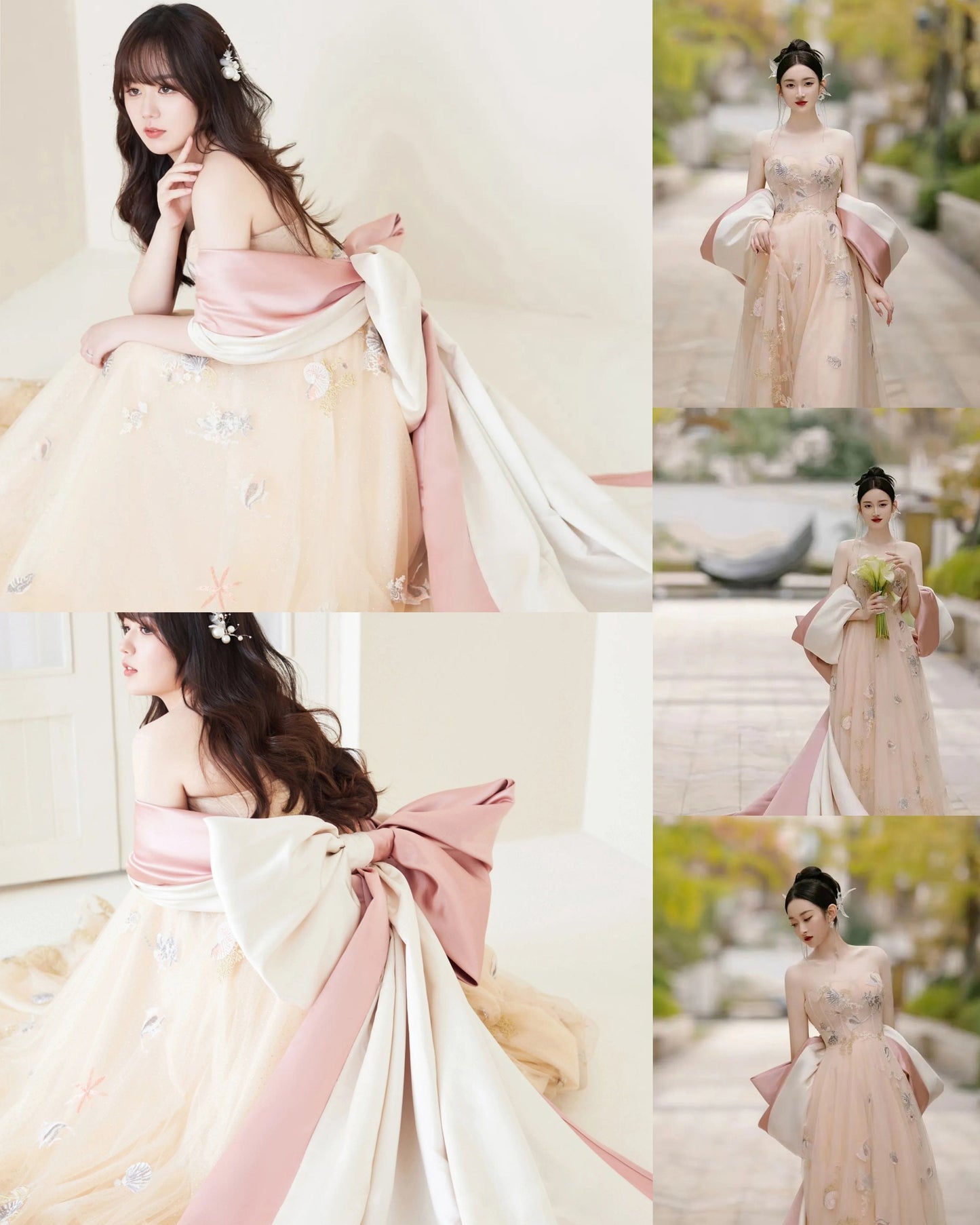 Detached Two Tone Contrast Satin Big Bow Knot Cape Sleeve Train