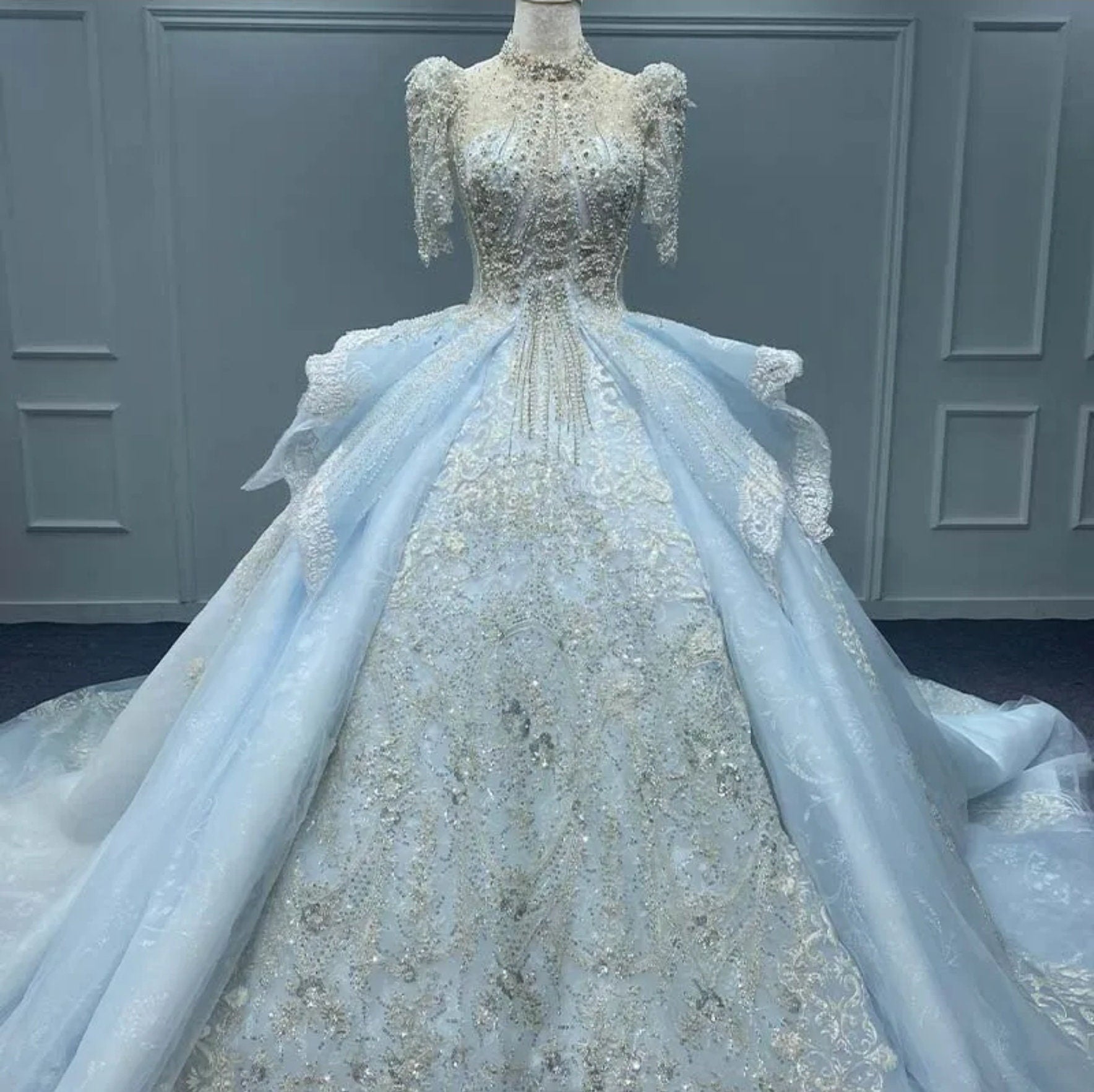 Victorian Era Blue Multifaceted And Pearl Beaded Half Sleeve Mid Neck Sweetheart Gown 16 Victorian Era Blue Multifaceted And Pearl Beaded Half Sleeve Mid Neck Sweetheart Gown 16