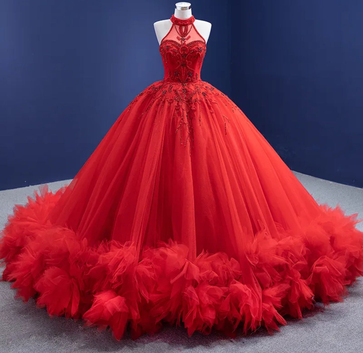 Beautiful Red Beaded Halter Neck Open Back Lace Up Enclosure Quinceañera Special Occasion Pageant Party Event Gown