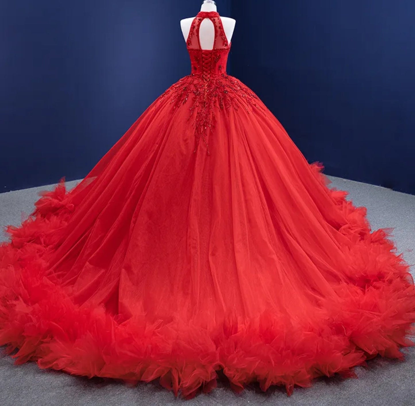 Beautiful Red Beaded Halter Neck Open Back Lace Up Enclosure Quinceañera Special Occasion Pageant Party Event Gown