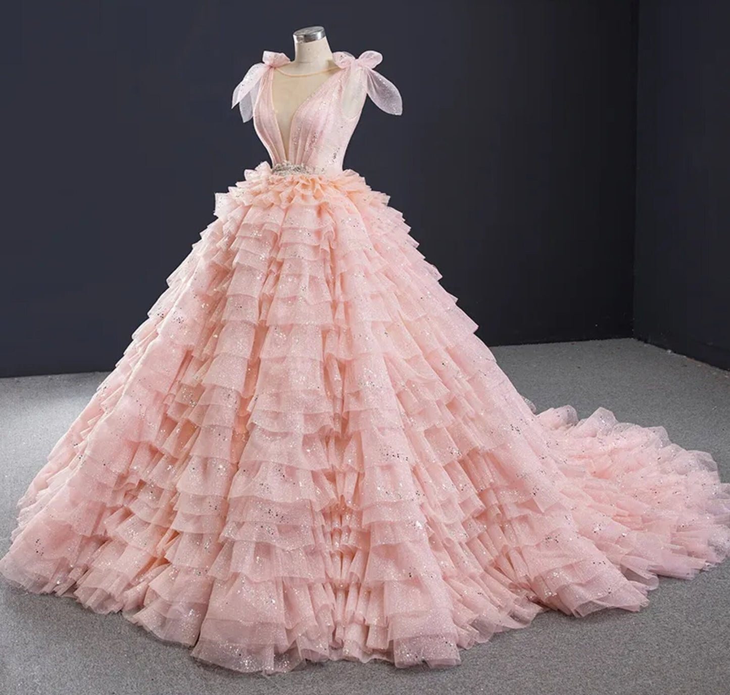 Scattered Sequin Bow Knot Spaghetti Strap Tiered Ruffle Frill Open Back Pink Special Occasion Gown
