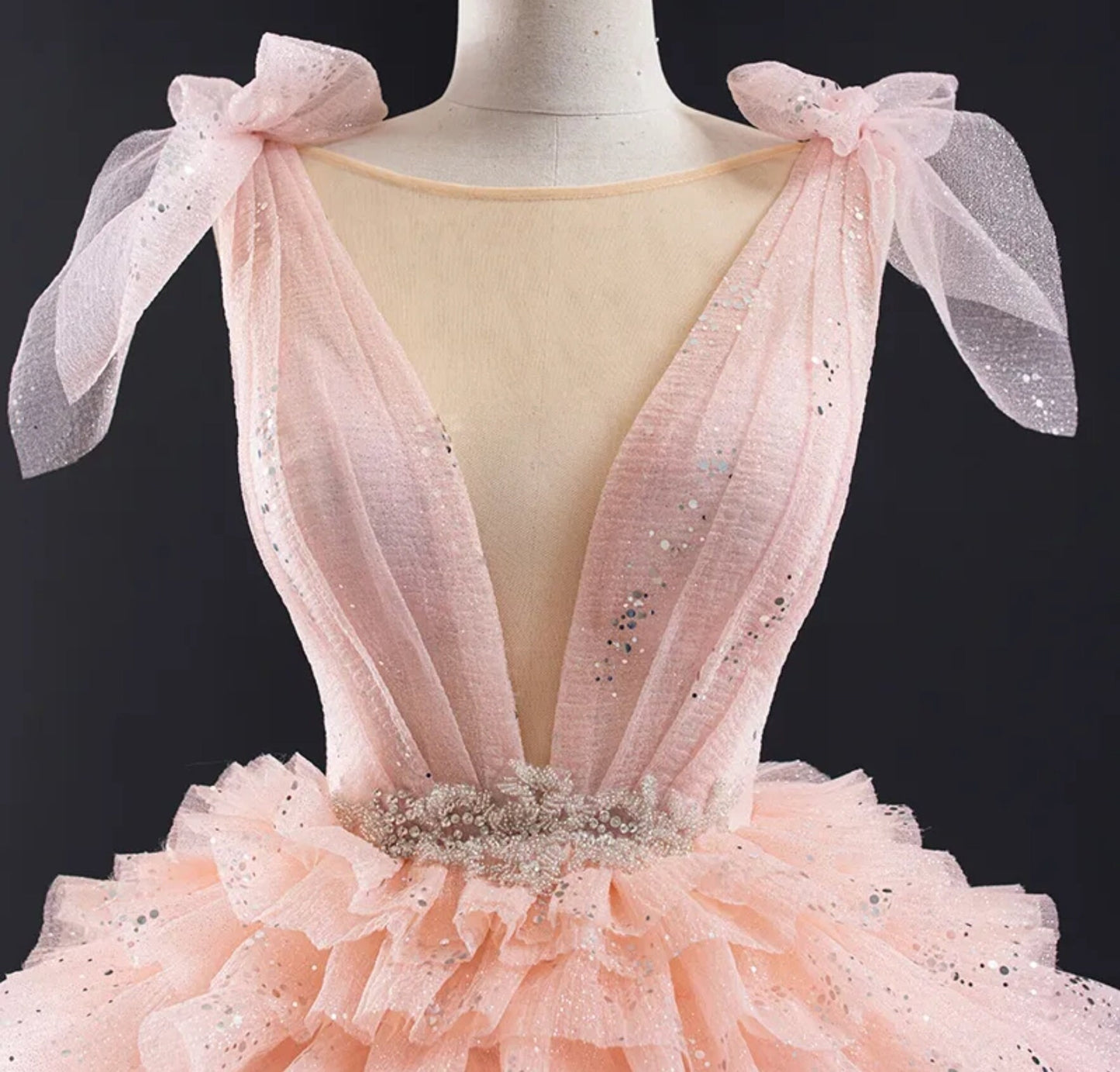 Scattered Sequin Bow Knot Spaghetti Strap Tiered Ruffle Frill Open Back Pink Special Occasion Gown