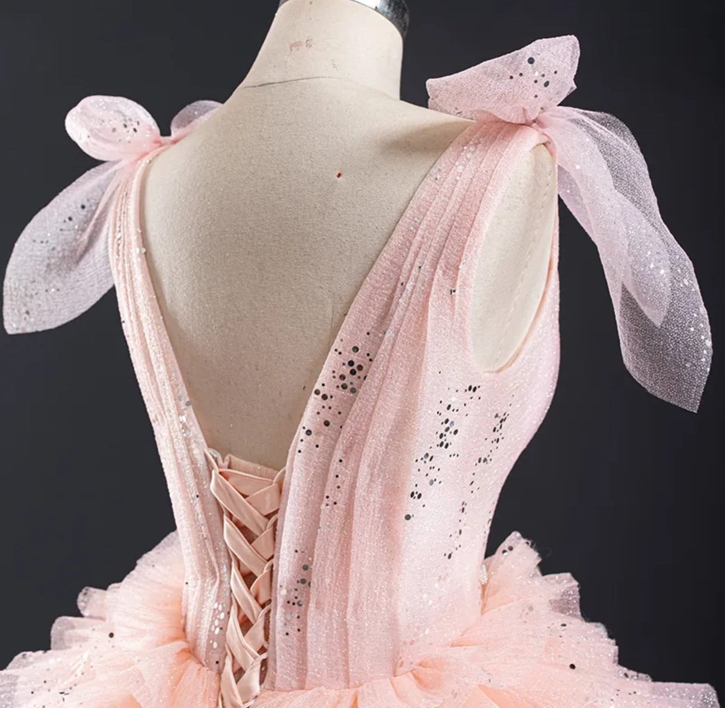 Scattered Sequin Bow Knot Spaghetti Strap Tiered Ruffle Frill Open Back Pink Special Occasion Gown