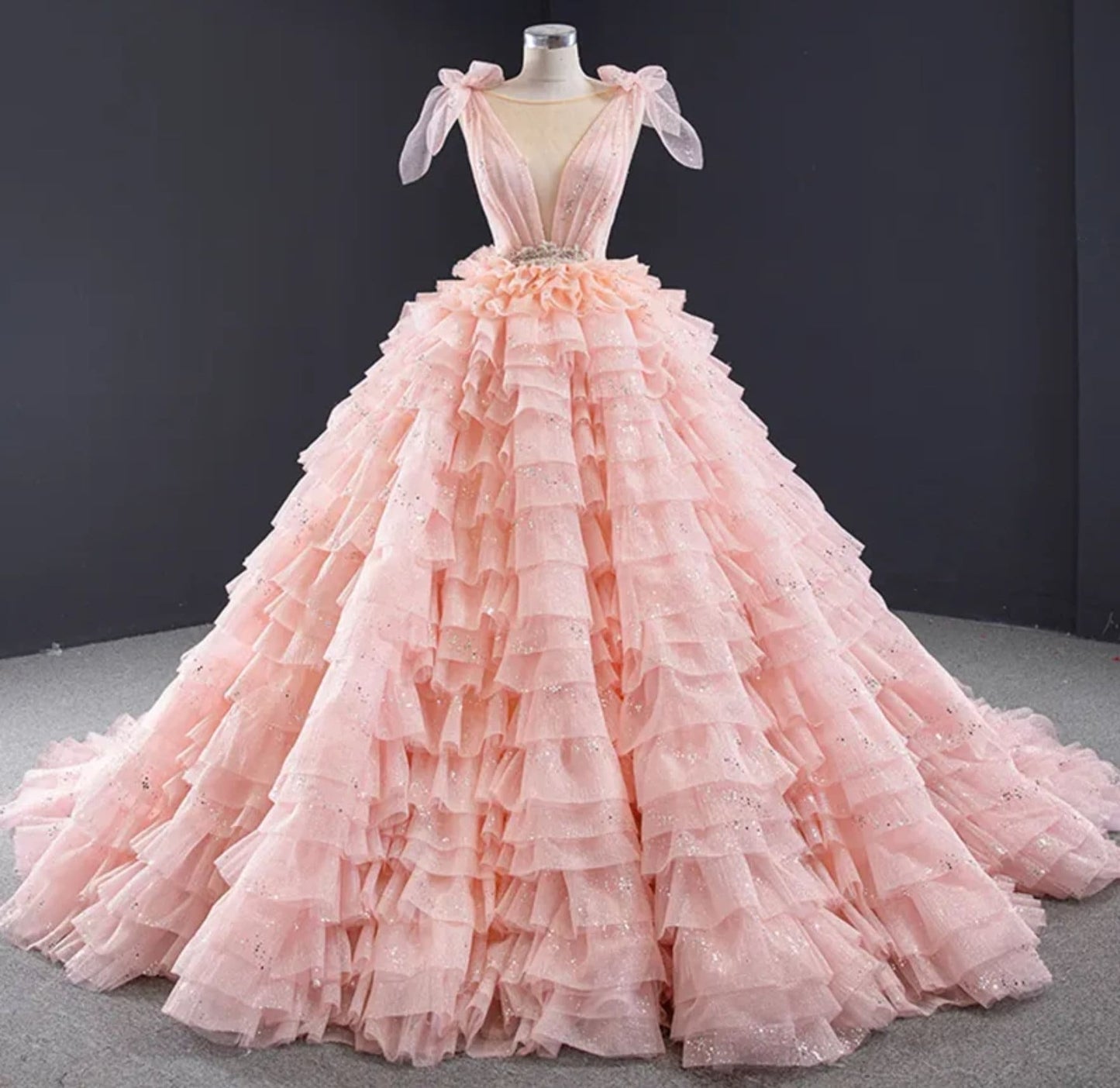 Scattered Sequin Bow Knot Spaghetti Strap Tiered Ruffle Frill Open Back Pink Special Occasion Gown