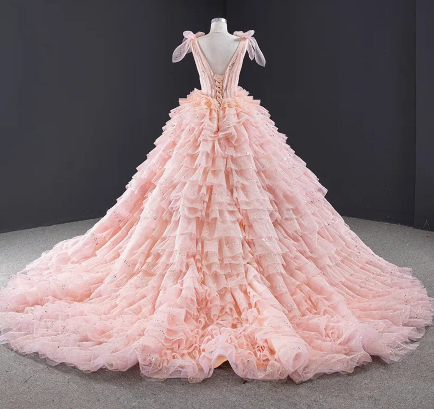 Scattered Sequin Bow Knot Spaghetti Strap Tiered Ruffle Frill Open Back Pink Special Occasion Gown