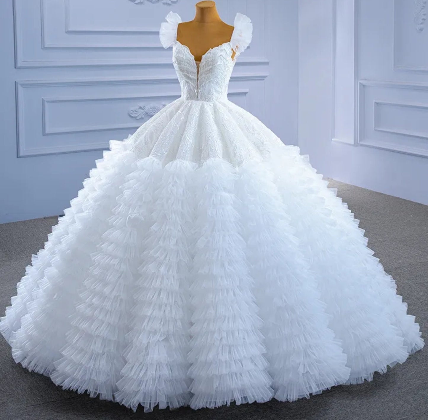 Ruffled Sleeveless Layered Floral Sequin Appliqué Sweetheart Gown With Multi Layer Frill Hem Gown