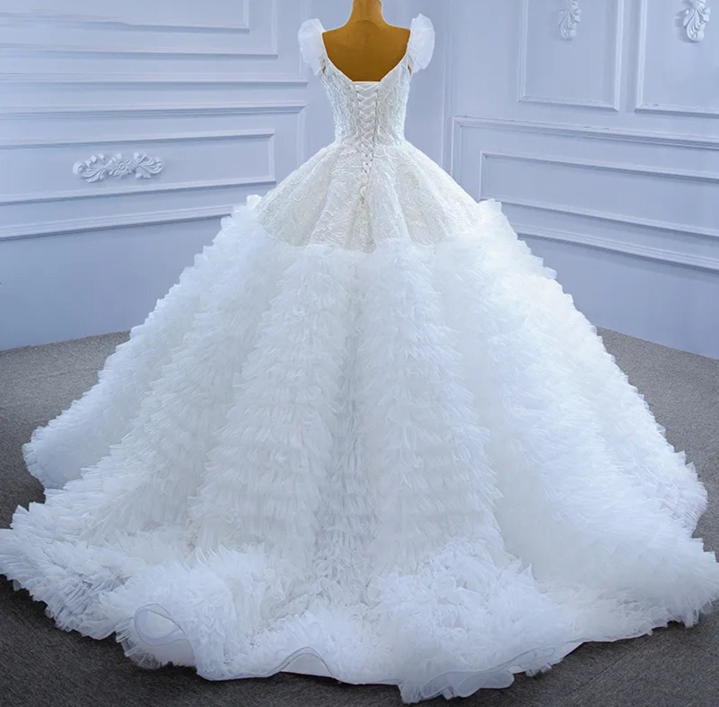 Ruffled Sleeveless Layered Floral Sequin Appliqué Sweetheart Gown With Multi Layer Frill Hem Gown